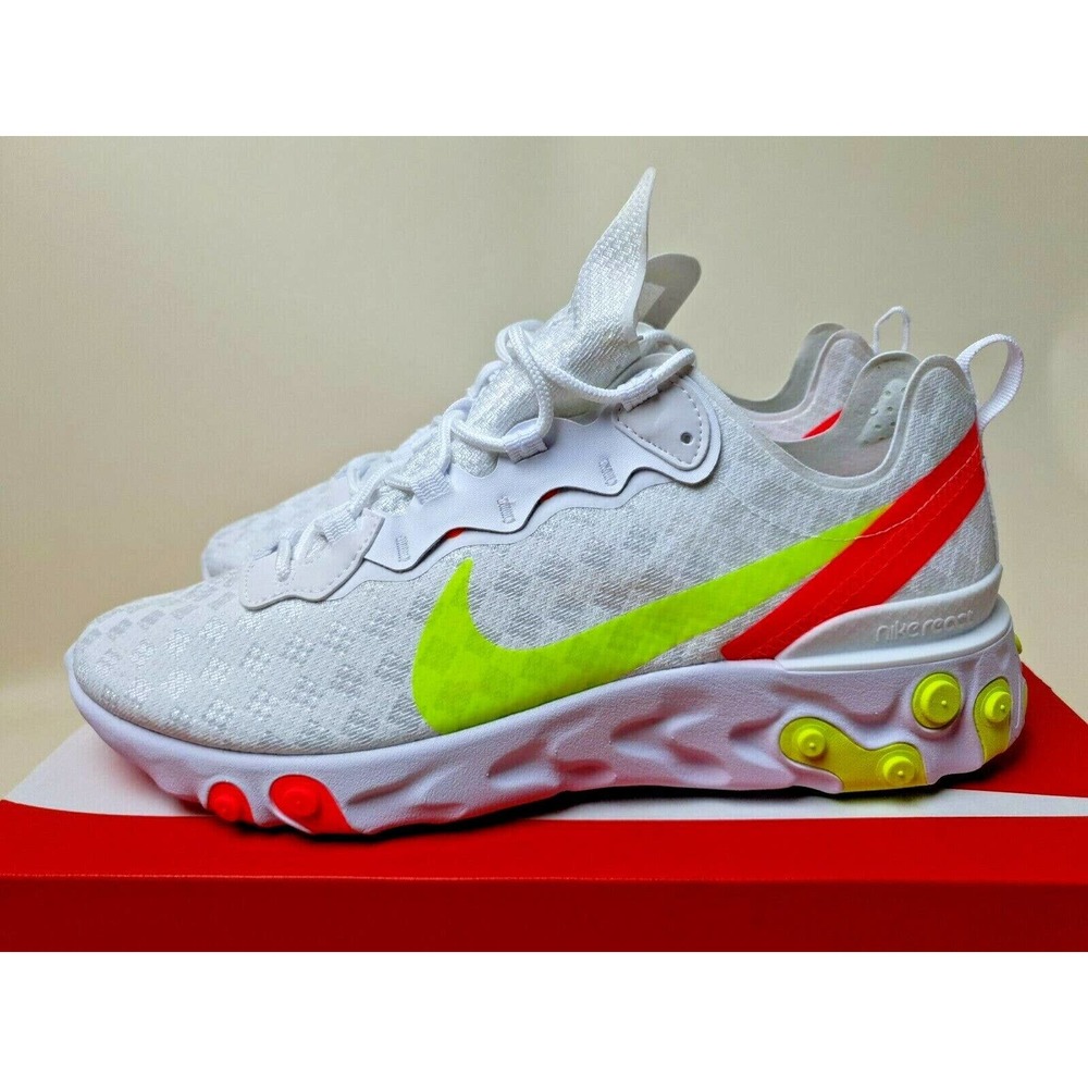 Nike React Element 55 White Volt Crimson Sneakers CJ0782 100 Men's Size 10.5
